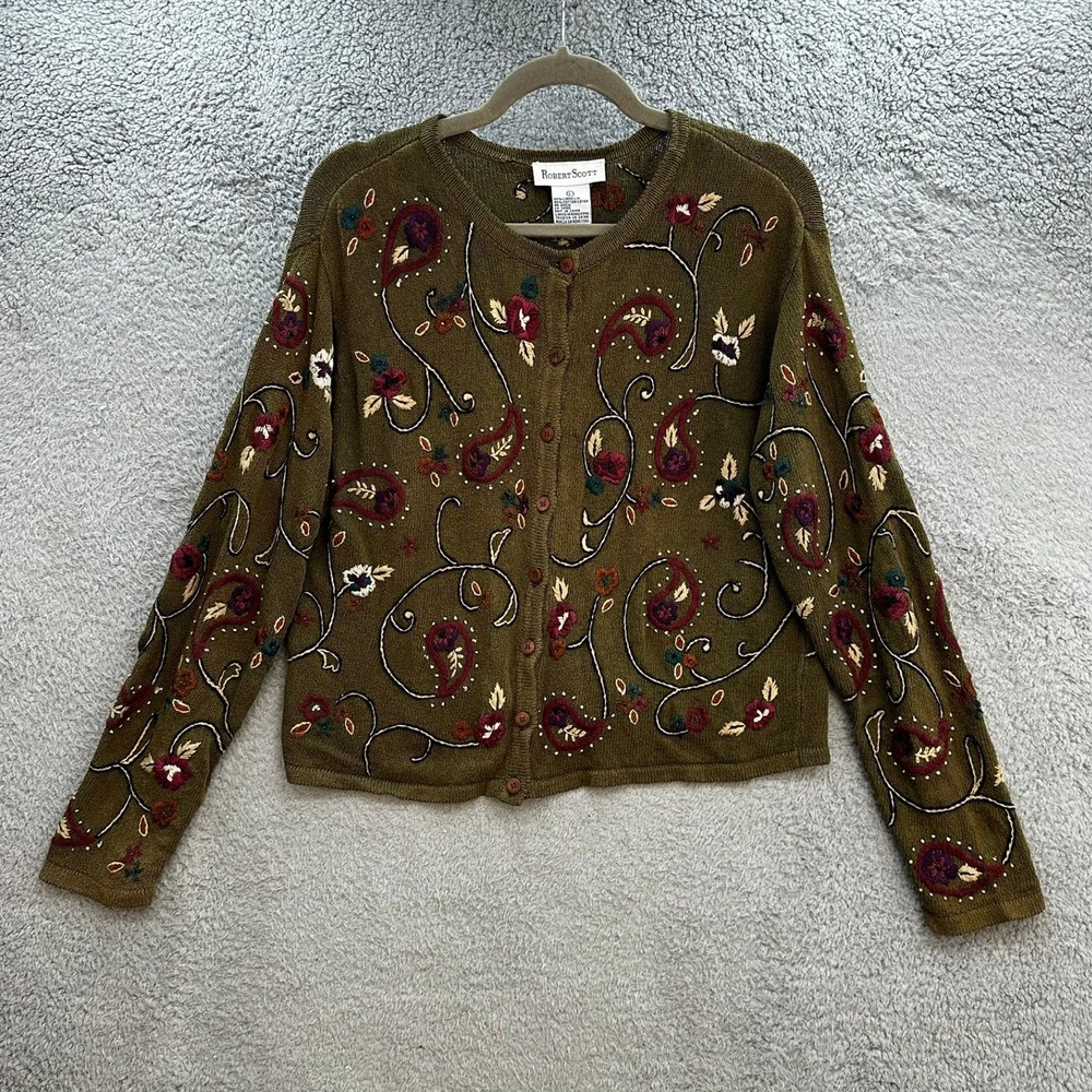 VTG Robert Scott Women's Large Cardigan Sweater Green Embroidered Paisley Floral